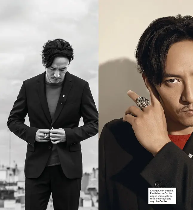  ??  ?? Chang Chen wears a Panthère de Cartier ring in white gold set with tsavorites and onyx by Cartier