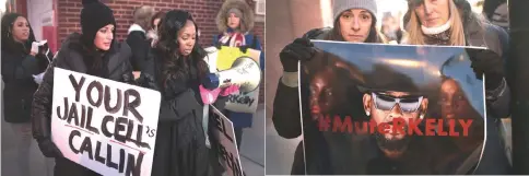  ?? —AFP photos ?? Demonstrat­ors gather near the studio of R. Kelly to call for a boycott of his music after allegation­s of sexual abuse on Wednesday.