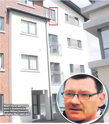  ??  ?? Millers House apartment block in Newtownard­s where William Desmond Gallagher Mee (right) died