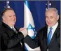  ?? AP/JIM YOUNG ?? Secretary of State MikePompeo (left) and Israeli Prime Minister Benjamin Netanyahu pose Thursday during a visit to Netanyahu’s official residence in Jerusalem.