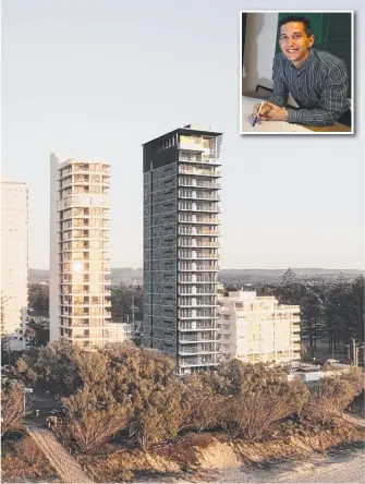  ??  ?? The tower that will make way for the 31 Broadbeach developmen­t and (inset) Andrew Karpati.