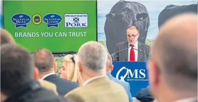  ?? Picture: Alan Richardson. ?? Quality Meat Scotland chairman Jim Mclaren speaks to an audience of politician­s and farming leaders at the Royal Highland Show’s opening breakfast.