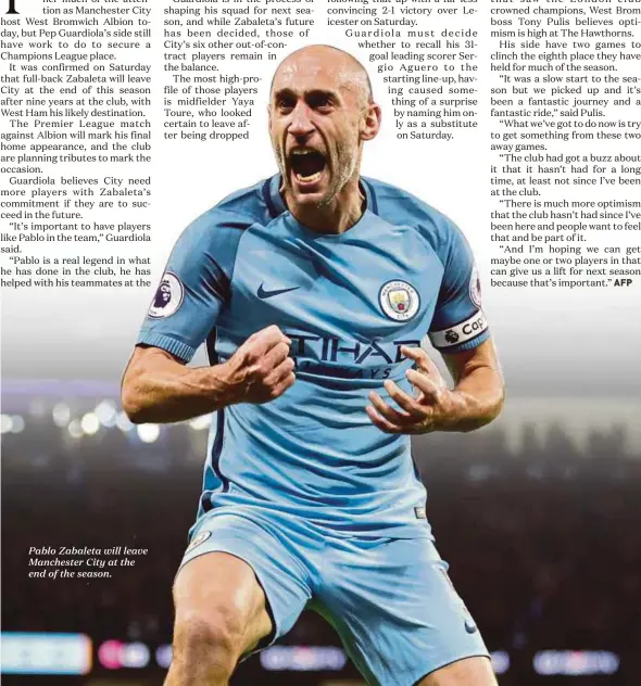  ??  ?? Pablo Zabaleta will leave Manchester City at the end of the season.