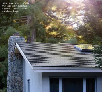  ??  ?? Tesla makes solar roof tiles that look like regular tiles, if you don’t want obvious panels on display