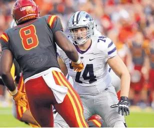  ?? CHARLIE NEIBERGALL/AP FILE ?? Kansas State’s Scott Frantz (74), the team’s starting left offensive tackle, told his teammates last year that he was gay. On Thursday, he told the world.