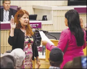  ?? YASMINA CHAVEZ ?? Debra March is sworn into office as mayor on June 20 during a special meeting of City Council at Henderson City Hall.