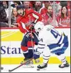  ?? ?? Washington Capitals left wing Alex Ovechkin (8) passes the puck against Toronto Maple Leafs defenseman Morgan Rielly (44) during the first period of an NHL hockey game, on April 24, in Washington. (AP)