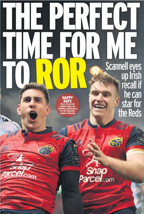  ??  ?? HAPPY DAYS
Rory Scannell (right) helps Ian Keatley celebrate a try for Munster against Racing