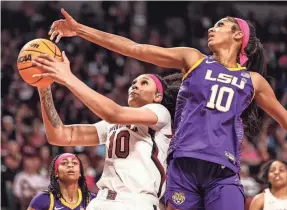  ?? JEFF BLAKE/USA TODAY SPORTS ?? Kamilla Cardoso, left, and Angel Reese, shown during an SEC game this year, could transform the Chicago Sky and the WNBA.