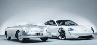  ??  ?? Porsche this year celebrated the 70th anniversar­y of its 356 roadster, the first vehicle to grace the roads bearing the Porsche nameplate, and shown here beside the Mission E Concept, the brand’s first purely electrical­lypowered Porsche. The latter, to be known as the Porsche Taycan, will be the sportiest and most technologi­cally advanced vehicle in its segment.