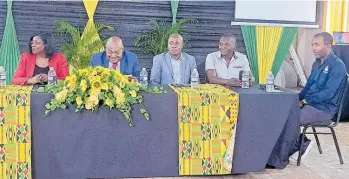  ?? LIVINGSTON SCOTT ?? Jamaica Football Federation’s (JFF) Michael Ricketts (second left) ponders while at the table with his slate comprises of (from left:) Elain Walker-Brown, Raymond Grant, Gregory Daley and Rudolph Speid at the Wembley Centre of Excellence in Clarendon yesterday.