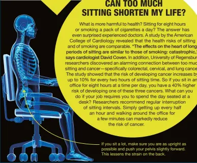  ??  ?? If you sit a lot, make sure you are as upright as possible and push your pelvis slightly forward. This lessens the strain on the back.