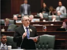  ??  ?? State Representa­tive Marty Moylan speaks on the floor before members of the House vote on legislatio­n prohibitin­g bump stock and trigger cranks during a session at the State Capitol on Wednesday in Springfiel­d, Ill. ARMANDO L. SANCHEZ/CHICAGO TRIBUNE