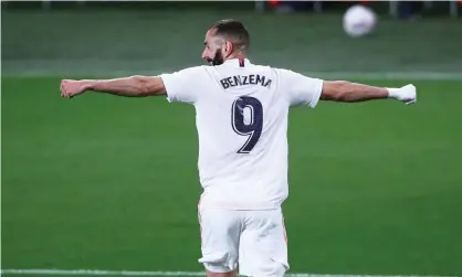  ??  ?? Karim Benzema scored his 20th and 21st goals of the season in the defeat of Cádiz. Photograph:Fran Santiago/Getty Images