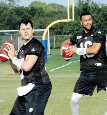  ?? MURRAY McCORMICK / POSTMEDIA NEWS ?? Zach Collaros, left, and Brandon Bridge are fighting for the starting quarterbac­k position in Saskatchew­an.