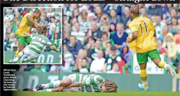  ??  ?? Off his feet: Louis Tomlinson goes down clutching his knee in the tackle by Gabriel Agbonlahor