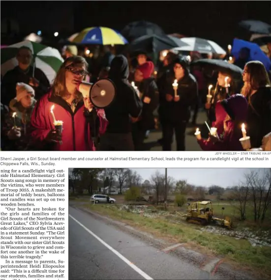  ?? JEFF WHEELER — STAR TRIBUNE VIA AP ?? Sherri Jasper, a Girl Scout board member and counselor at Halmstad Elementary School, leads the program for a candleligh­t vigil at the school in Chippewa Falls, Wis., Sunday.