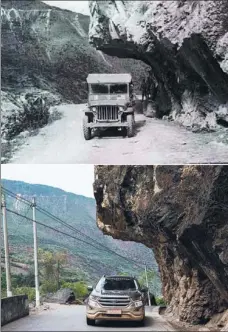  ?? FILE PHOTOS AND LIU CHAN / XINHUA ?? From left: Yu Gong Yi Shan, an oil painting by Xu Beihong in 1940, recording the history of the Burma Road, is displayed in Tengchong, Yunnan province; a section of the road at Tiger’s Mouth in Longling county, Yunnan, in the 1940s (top) and in 2015 (above); trucks carry overseas Chinese from Southeast Asian countries to work on the road as volunteers in the 1940s.