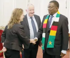  ?? — Pictures: Justin Mutenda ?? President Mnangagwa welcomes Westminste­r Africa Business Group chair Mr Laurence Robertson and his wife Anne during a meeting with members of the organisati­on at State House in Harare yesterday.