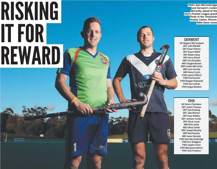  ??  ?? OHA’s Sam McCambridg­e and Derwent’s Linden McCarthy ahead of the men’s Premier League grand finals at the Tasmanian Hockey Centre. Picture: Nikki Davis-Jones