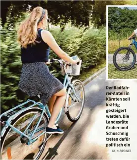  ?? KK, KLZ/REINER ?? Der Radfahrer-Anteil in Kärnten soll kräftig gesteigert werden. Die Landesräte Gruber und Schuschnig treten dafür politisch ein