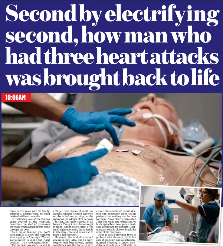  ??  ?? OUT OF IMMEDIATE DANGER: Main picture: Staff apply a gel to Alan’s chest before they carry out an ultrasound to look at his heart. Above: Now that Alan has been stabilised, medics prepare to move him to the intensive care unit