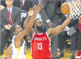  ?? NHAT V. MEYER — STAFF PHOTOGRAPH­ER ?? The Warriors’ Kevin Durant, left, defends the Rockets’ James Harden during Game 6.