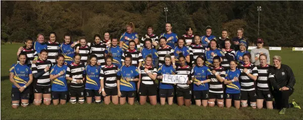  ??  ?? The Rathdrum and Old Belvedere sides unite in protest at the IRFU’s decision to make the national women’s head coach role part-time. Photo: Noel McMullen