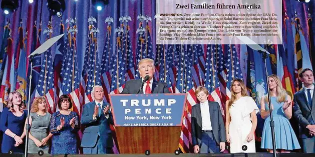  ??  ?? WASHINGTON. Zwei neue Familien-Clans stehen an der Spitze der USA: Donald Trump wird mit seinem zehnjährig­en Sohn Barron und seiner Frau Melania (im weißen Kleid) ins Weiße Haus einziehen. Zum engeren Zirkel des Trump-Clans gehören aber auch Tochter...