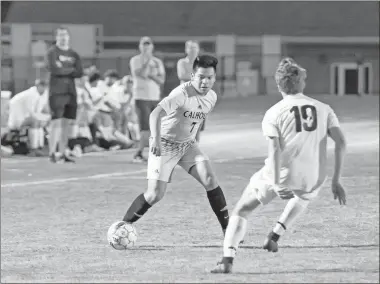  ?? Tim Godbee ?? Cristian Vasquez controls the ball in Calhoun’s first-round playoff game versus Dawson County. The Yellow Jackets won the game 1-0 (4-2 in PKs).