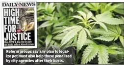  ??  ?? Reform groups say any plan to legalize pot must also help those penalized by city agencies after their busts.