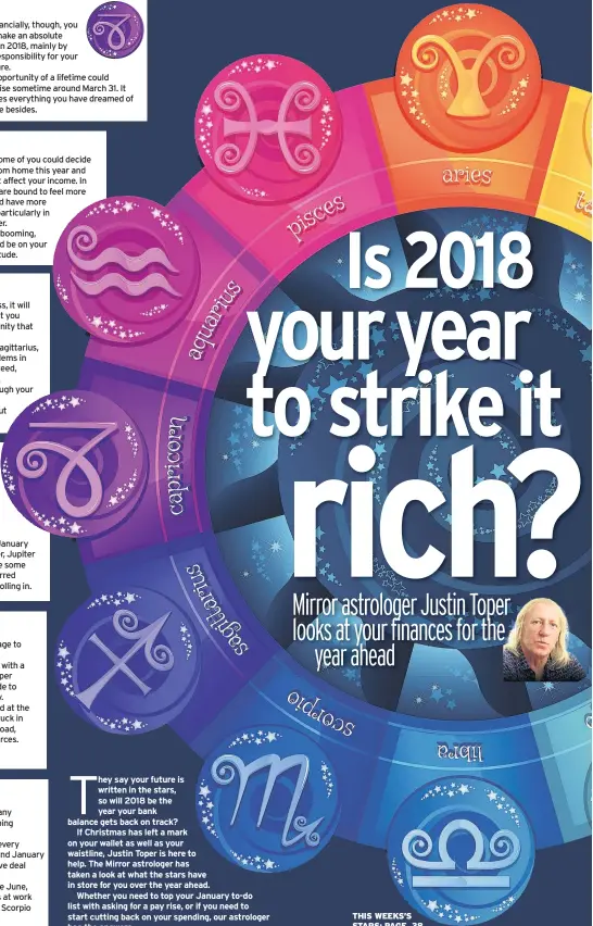  ??  ?? hey say your future is written in the stars, so will 2018 be the year your bank balance gets back on track?
If Christmas has left a mark on your wallet as well as your waistline, Justin Toper is here to help. The Mirror astrologer has taken a look at...