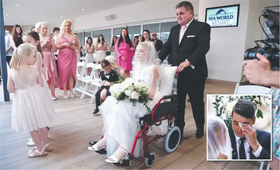  ?? Pictures: JASON O'BRIEN ?? Terminally ill bride Ashleigh Simrajh is wheeled down the aisle by dad Tony and groom Jason Hale (inset) is overcome with emotion.