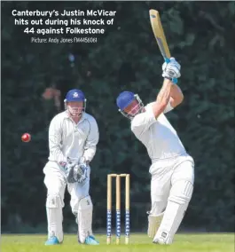  ?? Picture: Andy Jones FM4456061 ?? Canterbury’s Justin Mcvicar hits out during his knock of 44 against Folkestone