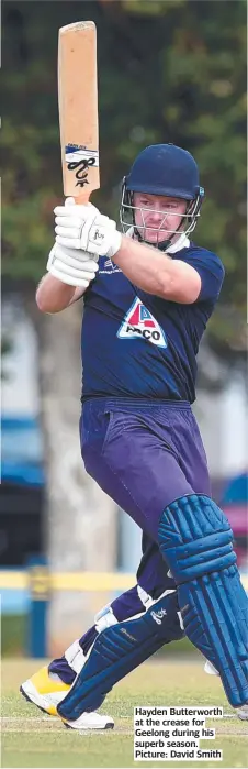 ?? ?? Hayden Butterwort­h at the crease for Geelong during his superb season. Picture: David Smith