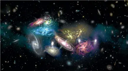  ?? IMAGE: ALMA OBSERVATOR­Y, NATIONAL SCIENCE FOUNDATION ?? An artist’s impression of 14 galaxies that are in the process of merging. Eventually, they will form the core of a massive galaxy cluster.