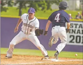  ??  ?? Heritage’s Blake Bryan reaches first base safely after an error on this bunt. Two runs scored on the errors to briefly give the Generals a 5-4 lead in Game 1 at Cartersvil­le this past Tuesday. However, the Canes came back to win the game and eventually...