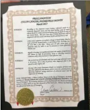  ?? BEN LAMBERT — THE REGISTER CITIZEN ?? Mayor Elinor Carbone issued a proclamati­on marking colorectal cancer awareness month last week.