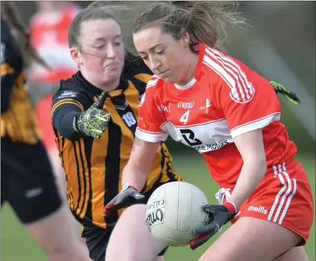  ??  ?? Shannen McLoughlin breaks through the Kilkenny defence for Louth. Picture: Ken Finegan/NEWSPICS