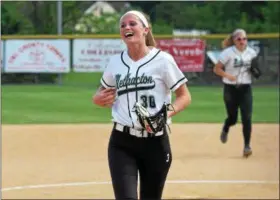  ?? AUSTIN HERTZOG - DFM ?? Methacton pitcher Aubrey Seal (30) smiles after getting the final out of an inning against Spring-Ford in the PAC semifinals Tuesday at Spring-Ford.