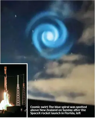  ?? ?? Cosmic swirl: The blue spiral was spotted above New Zealand on Sunday after the SpaceX rocket launch in Florida, left