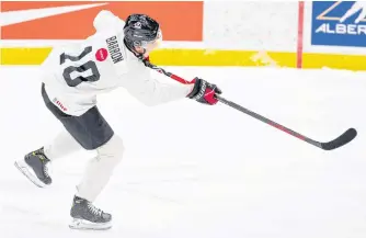  ?? CONTRIBUTE­D • HOCKEY CANADA ?? Halifax Mooseheads captain Justin Barron skates during a practice at the Canadian world junior team tryout camp in Red Deer, Alta.