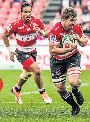 ?? Pictures: GALLO IMAGES ?? COMING THROUGH: Kwagga Smith, with ball, of the Lions breaks the defence on his way to scoring a try against the Waratahs in their Super Rugby semifinal while Courtnall Skosan watches on. Insert: Lions coach Swys de Bruin.