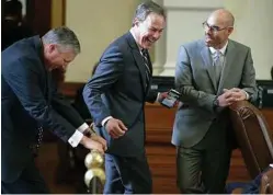  ?? Tom Reel / San Antonio Express-News ?? Speaker Joe Straus, center, Rep. Drew Springer, left, and Rep. Dennis Bonnen —in happier times.