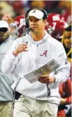  ?? ASSOCIATED PRESS FILE PHOTO ?? Then-Alabama offensive coordinato­r Lane Kiffin makes a play call during the Peach Bowl on New Year’s Eve in Atlanta.