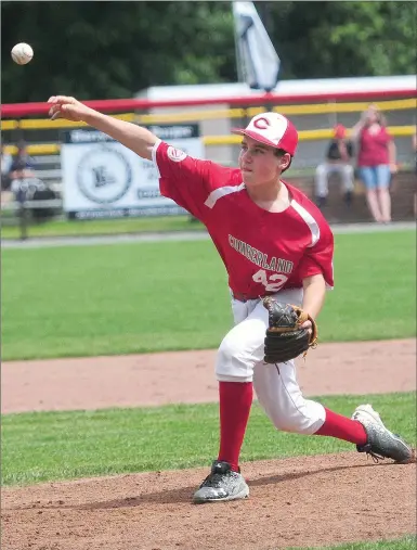  ?? Photos by Ernest A. Brown ?? Cumberland American Major Division All-Star Jack LaRose (above) didn’t allow a hit in three innings of work, while J.J. Sanzi (8, bottom left) belted a three-run home run in the bottom of the third inning to lead CALL to a 12-2 victory over Lincoln...