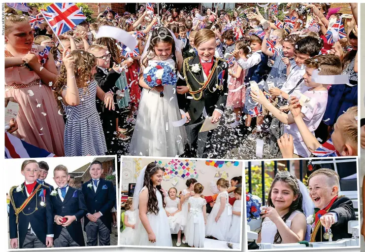  ??  ?? Lesson in pageantry: Isabelle Sherlock and Charlie Twitchett with their best men and bridesmaid­s and right, riding proudly through town in a carriage