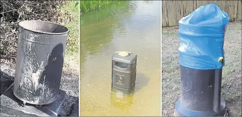  ?? Centre picture: Chris Ferguson ?? Ashford has been hit by a vandalism spree recently; centre, yobs threw one bin into the river on the Little Burton estate; right, a bin in the alleyway between Park Road and Rylands Road in Kennington was targeted