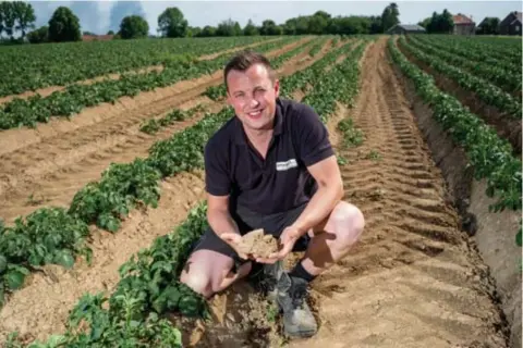  ?? FOTO TOM PALMAERS ?? Aardappelb­oer Jan Coenegrach­ts hoopt vurig op langdurige neerslag. “De vroege soorten snakken naar water.”
