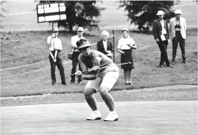  ??  ?? Catherine Lacoste as a putt lips the cup on the
7th hole during the final round in the 1967 U.S. Women's Open at The Homestead; and with Arnold Palmer during the Canada Cup ProAm, 1963